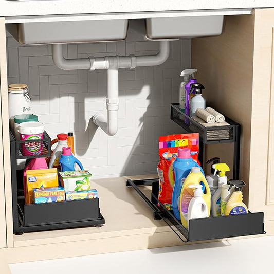 2 Pack Under Sink Organizer and Storage, 2 Tier Pull Out Cabinet Organizer, Slide Out Under Sink Storage Shelf, Undersink Organizers Shelves for Kitchen Bathroom Pantry Organization (Black)