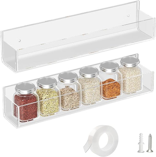 WUIVIUT Adhesive Acrylic Spice Rack Wall Mounted Rack Organizer Acrylic Spice Shelf Wall Holder Hanging For Cabinet Or Pantry Door （Clear-2 Pack）