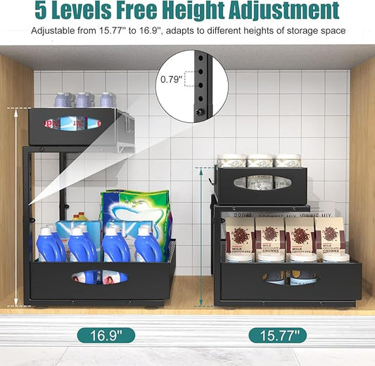 1 Pack Large Under Sink Organizer, 2 Tier Metal Pull Out Under Sink Storage with Sliding Mesh Drawers, Height Adjustable Slide Out Under Cabinet Organizer for Kitchen Bathroom, Black