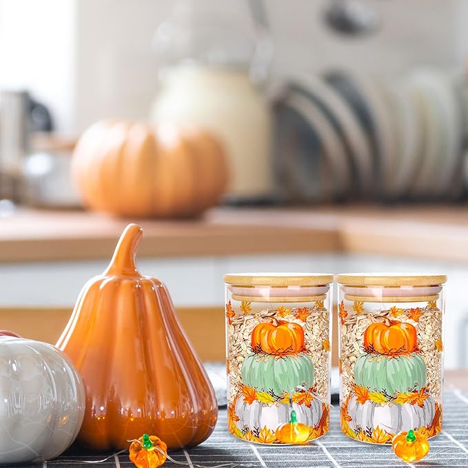 3Pcs Fall Glass Storage Jars Colorful Pumpkin Pile Clear Canisters Sets with Airtight Bamboo Lid for Farmhouse Autumn Thanksgiving Home Kitchen Countertop Decor