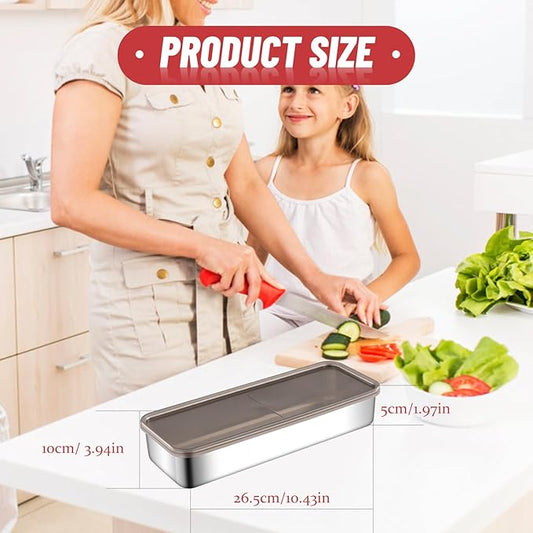 2 Pack Bacon Container for Refrigerator, 304 Stainless Steel Airtight Deli Meat Storage Containers for Fridge Dishwasher Safe Long Kitchen Food Storage Containers with Lids (26.5*10*4.6cm)