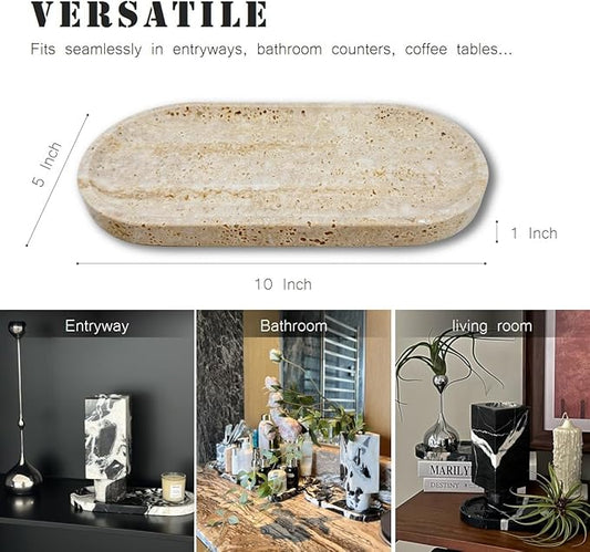 JINGJU Travertine Marble Oval Tray 10"x5", Natural Stone Decorative Tray for Jewelry, Candle, Bathroom Counter, Coffee Table, Perfume Display