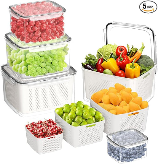Fruit Storage Containers for Fridge - 5PCS Food Storage Containers with Lids - Produce Containers for Fridge with Removable Colander - Keep Berry Fruit Vegetable Food Meat Fresh Longer