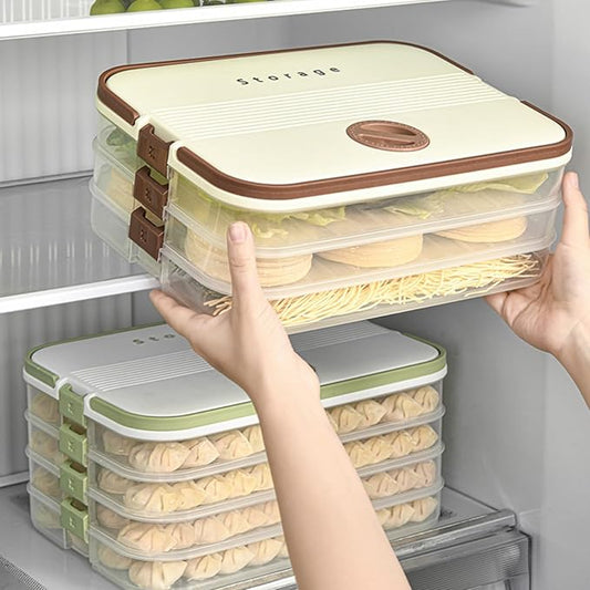 Dumplings Storage with 4 Layers, Stackable with Buckle, Lid & Handle for Cookies Wonton Donuts Box Organizer For Fridge, Milk-Brown