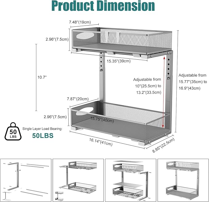 1 Pack Under Sink Organizer, 2 Tier Metal Pull Out Under Sink Storage with Sliding Mesh Drawers, Height Adjustable Slide Out Under Sink Organizer for Kitchen Bathroom Cabinet, Gray