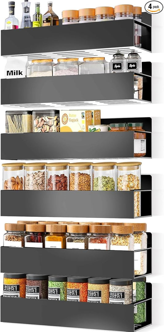 Magnetic Spice Rack Organizer for Fridge Seasoning Organizer for Kitchen storage with Screw or Adhesive Hanging,Magnetic Shelf with Hook for Refrigerator and Oven (Black, 6pack)