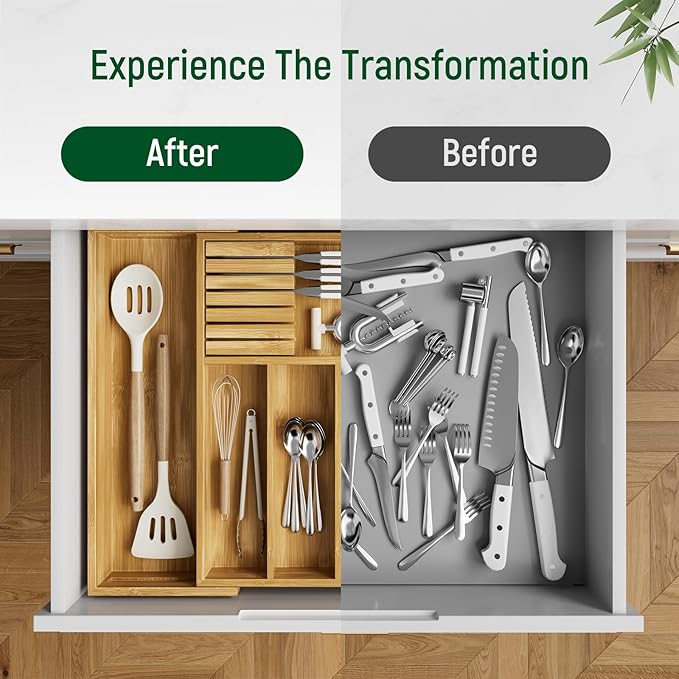 Emojoy Silverware Storage,Carbonized Bamboo Cutlery Storage Organizer, Expandable Cutlery Rack, 7 Slots, Perfect for Storing Cutlery and Kitchen Utensils with Removable Knife Holder