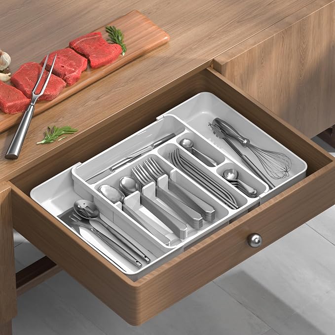Silverware Organizers for Kitchen Drawers, Expandable Kitchen Drawer Organizer for Large Utensils, Drawer Utensil Organizer, Stackable Spoon Organizer Drawer, White Silverware Organizer Tray