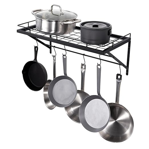 VEVOR Pot Rack Wall Mounted, 24 inch Pot & Pan Hanging Rack with 12 S Hooks, 55 lbs Loading Weight, Ideal for Cookware in Kitchen