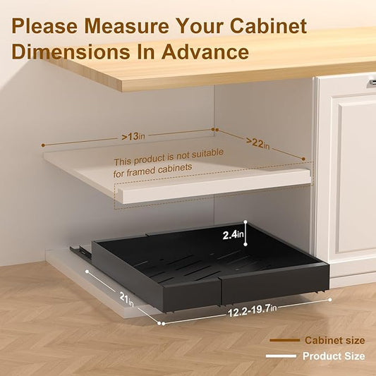 1 Pack 21" Deep Pull Out Drawers for Cabinets, Expandable Slide Out Drawers for Kitchen Cabinets, Pull Out Cabinet Organizer Roll Out Shelves for Pantry（Width 12.2"-19.7", Black）