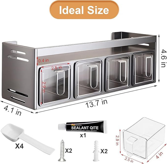 Kitchen Spice Rack, Kitchen Organizer and Storage Rack, Spice Organization for Cabinets Punch-free Wall/Countertop Home Decor Multifunctional Double Layer 4 Grid Condiment Rack, Gray