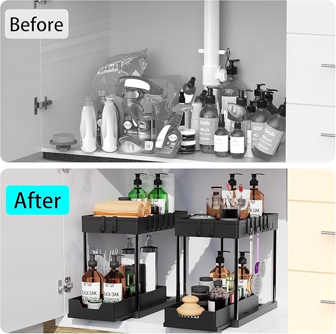 2PC Under Sink Organizer with Hanging Cups - 2 Tier Metal Under Sliding Cabinet Organizer Drawer with 4 Hooks for Bathroom Pantry Cabinet Rack Black