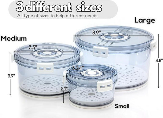 Lettuce Keeper for Refrigerator with Lids 3-Piece Set Date Chronograph Airtight BPA-Free Removable Drain Tray and Air Vents