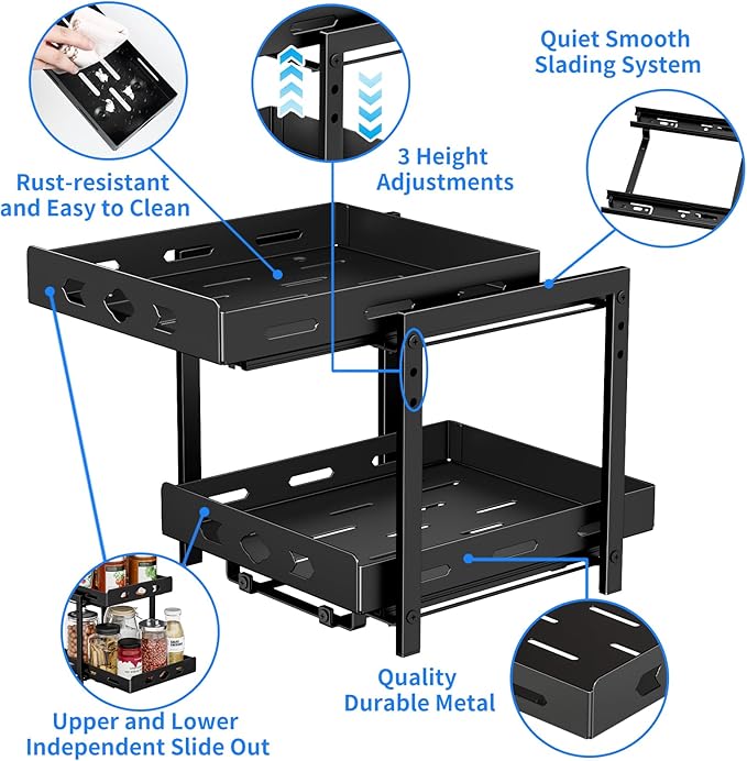 Pull Out Spice Rack Organizer, 2-Tier Vertical Spice Rack, Height Adjustable for Kitchen Cabinet (9.7''Wx10.8''Dx9.2''H, Metal Black)