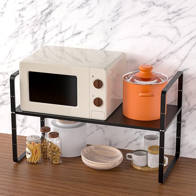 Expandable Kitchen Cabinet Shelf Organizers, Stackable Metal Pantry Storage Shelves Rack, Adjustable Counter Spice Shelf for Cabinets, Countertop, Cupboard Organizers and Storage, Black