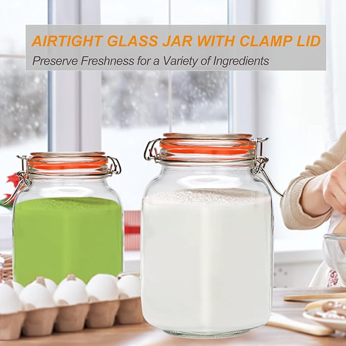Encheng 50oz Glass Jars with Clamp Lids,Set of 4,1500ml Square Wide Mouth Mason Jars with Airtight Lids,Large Glass Storage Container with Clip Lids for Kitchen,Flour,Pasta,Beans
