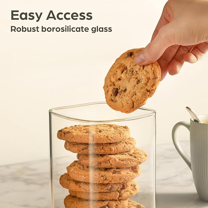 Square Glass Food Storage Jars 50 oz & 24 oz - Set of 4 Kitchen Storage Jars with Bamboo Lid Airtight for Coffee, Flour, Pasta, Cereal, Cookie, Spice and More