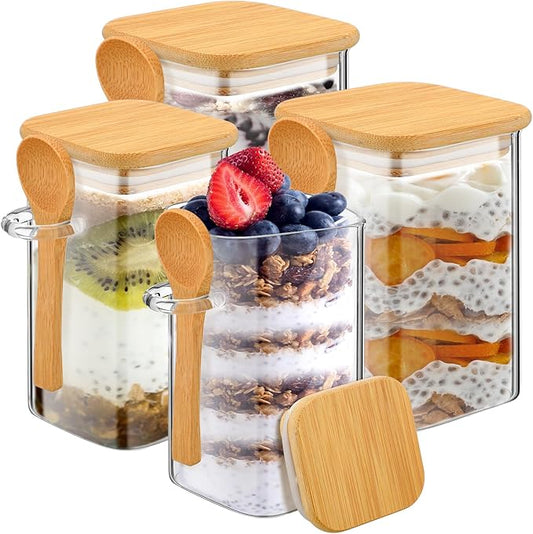 Pickmesh 4 Pcs Overnight Oats Containers with Lids and Spoons Overnight Oats Jars Oatmeal Cups Square Glass Meal Prep Container Storage Bottle Glass Jar for Pudding Yogurt (16oz, 10oz,Square Style)
