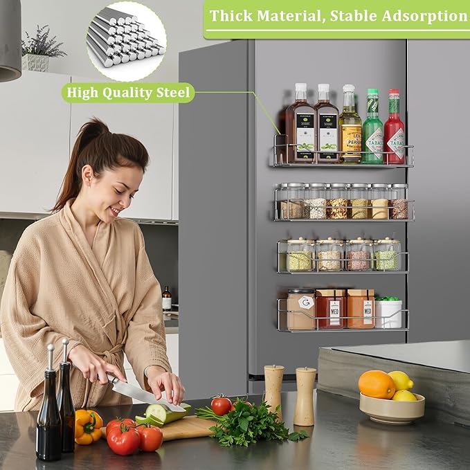 Magnetic Spice Rack for Refrigerator, 4 Pack Metal Strong Magnet Spice Organizer Shelves, Magnetic Fridge Shelf for Kitchen Seasoning Organizer Gadgets, Home Organization and Storage (Grey)