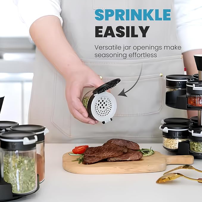 Black Rotating Spice Rack With Jars, Spinning Spice Rack For Countertop - Revolving Tower Organizer for Kitchen Seasonings - Kitchen Carousel Storage, Stainless Steel, 12 Jars