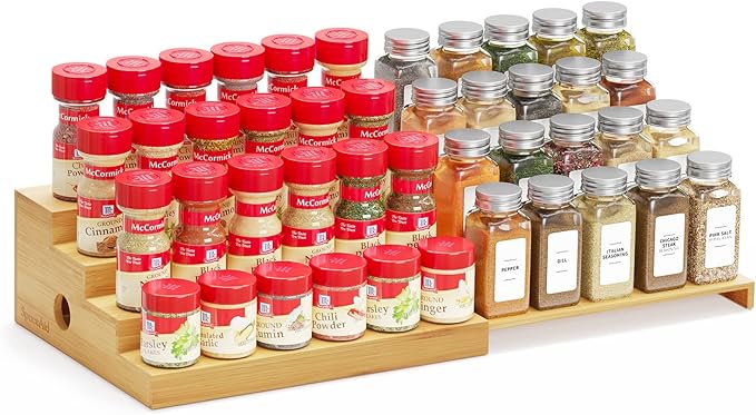 SpaceAid 4 Tier Bamboo Spice Rack Organizer for Cabinet, Kitchen Pantry Spices Storage Rack for Cabinets Organization, Home Seasoning Tiered Can Goods Racks Wood Shelf Organizers (4 Tier, Natural)