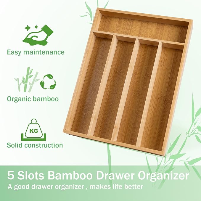 Silverware Organizer Bamboo Kitchen Drawer Organizer Kitchen Utensil Organizer with 5 Slots Flatware Organizer Tray for Kitchen, Flatware, Utensils(Natural)