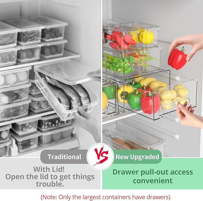 14Pack Fridge Organizer Bins, Clear Refrigerator Organizing Containers with Lids and Refrigerator Drawers, Stackable Food, Vegetable and Fruit Containers for Fridge Organizers and Storage