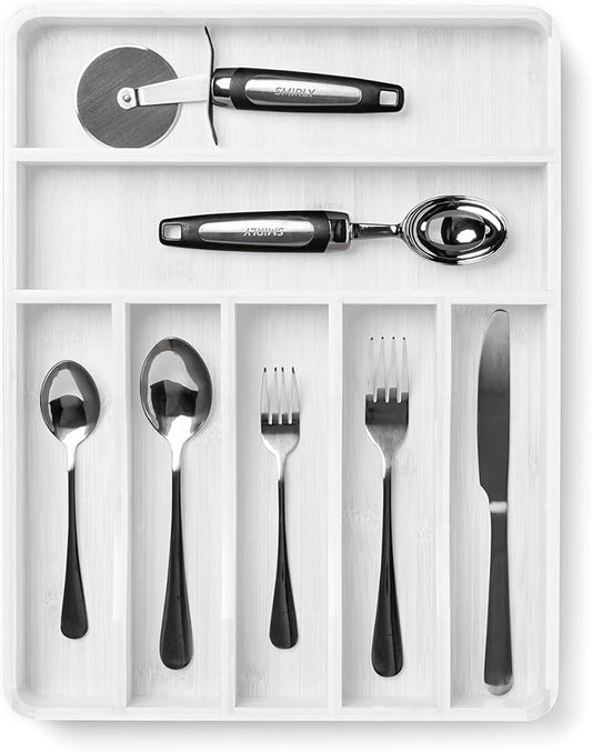 SMIRLY Silverware Drawer Organizer – Bamboo Kitchen Drawer Organizer, Adjustable Utensil Holder and Cutlery Tray, Drawer Dividers for Flatware and Kitchen Utensils