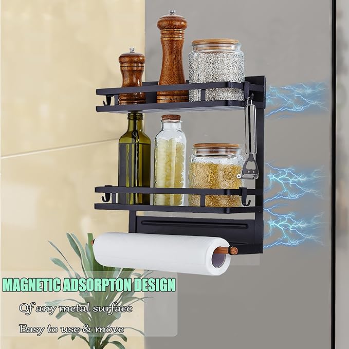 Magnetic Spice Rack for Refrigerator, Magnetic Shelf for Fridge Magnet Organizer Moveable Magnetic Paper Towel Holder with 8 Hooks for Kitchen Oven Space Saving (Black)