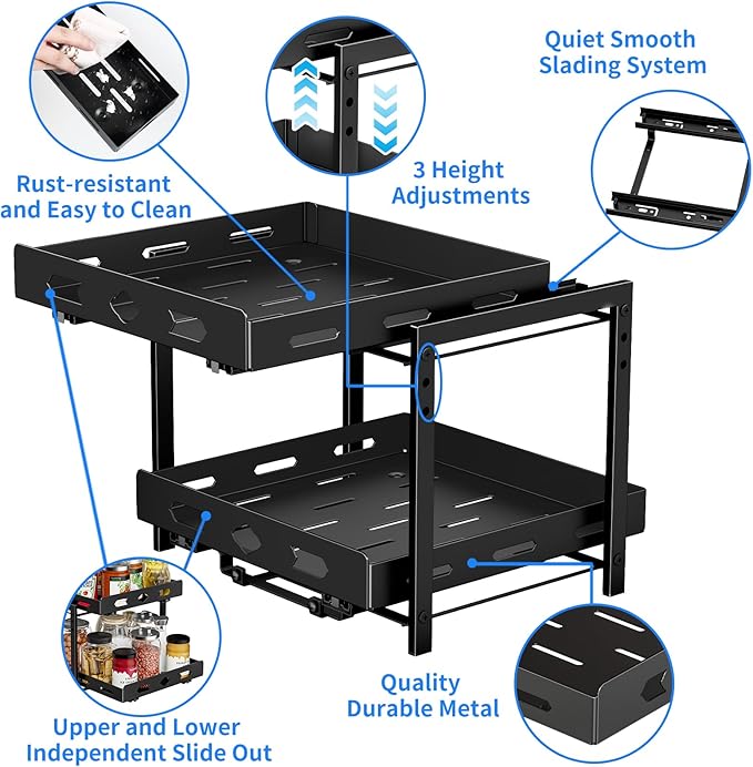 Pull Out Spice Rack Organizer, 2-Tier Vertical Spice Rack, Height Adjustable for Kitchen Cabinet (11.9''Wx10.8''Dx9.2''H, Metal Black)