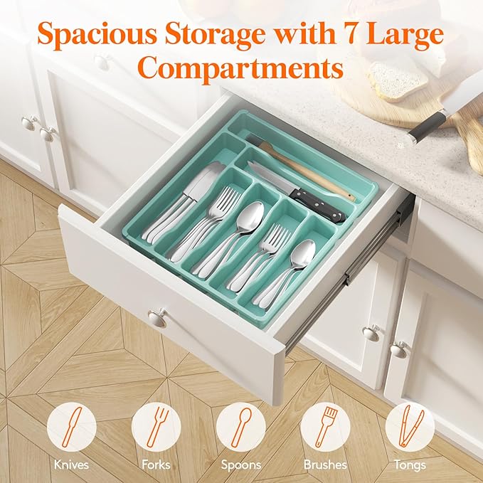 Lifewit Silverware Drawer Organizer Tray, Plastic Cutlery Storage for Kitchen Drawer, Flatware and Utensil Holder Divider for Spoons Forks Knives Tableware, 7 Compartment, Turquoise
