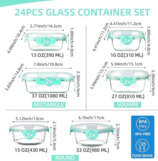 UMEIED 12 PACK Glass Food Storage Containers with Leak Proof Lids, Glass Airtight Meal Prep Containers Set for Lunch, On the Go, Leftover, Kitchen Pantry Organizers and Storage (Mint Green)