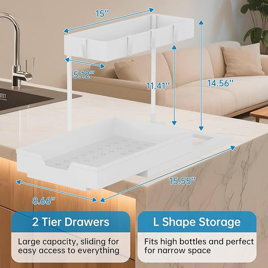 2 Tier Under Sink Organizer L-Shape Pull Out Cabinet Organizers Narrow Space Sink Shelf Storage Shelves Multi-purpose Organization Drawer for Bathroom Kitchen Pantry, 15.5 Inch, White