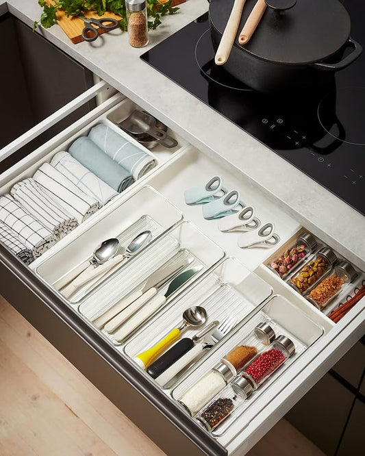 Hudgan 8 Pack Clear Plastic Drawer Organizer Bins Set, Stackable Cutlery Storage Bins Trays for Organizing Kitchen, Bathroom, Office, Crafts, Gadgets, Cabinet Supplies