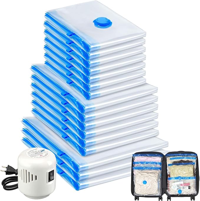 16 Pack Travel Vacuum Storage Bags with Electric Pump, Vacuum Seal Bags for Clothing, Vacuum Sealer Bags for Luggage, Travel Essentials