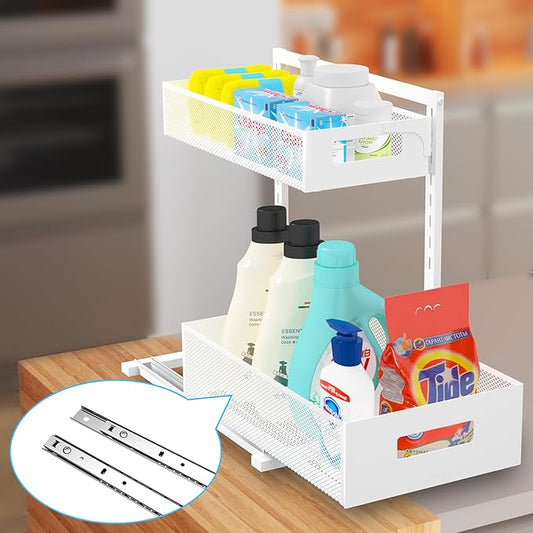 Pull-out Under Kitchen Sink Organizer, Metal Functional Under Sink Organizer, Height Adjustable Under Bathroom Sink Organizer, Under Sink Storage for Kitchen Bathroom Cabinet (White)