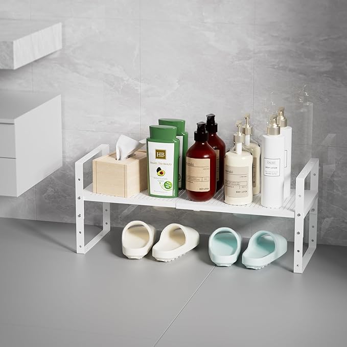 Cabinet Organizer Shelf,Expandable Adjustable Stackable Kitchen Organizer,Metal Shelf risers for cabinets, Kitchens and desks(3Packs/White/Medium)