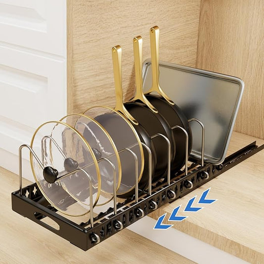 Pull Out Pots and Pans Organizer Under Cabinet, Sliding Lid Holder and Pan Rack in Kitchen, Slide Out inside Cabinet Storage for Pot Lid, Bakeware, Dishes, Pots and Pans Organizer, 1 Pack Black