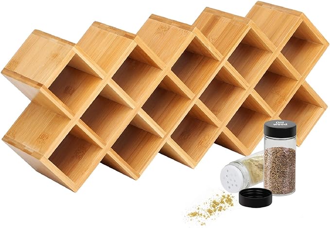 Criss-Cross 18-Jar Bamboo Countertop Spice Rack Organizer, Kitchen Cabinet Cupboard Wall Mount Door Spice Storage, Fit for Round and Square Spice Bottles, Free Standing for Counter, Cabinet or Drawers
