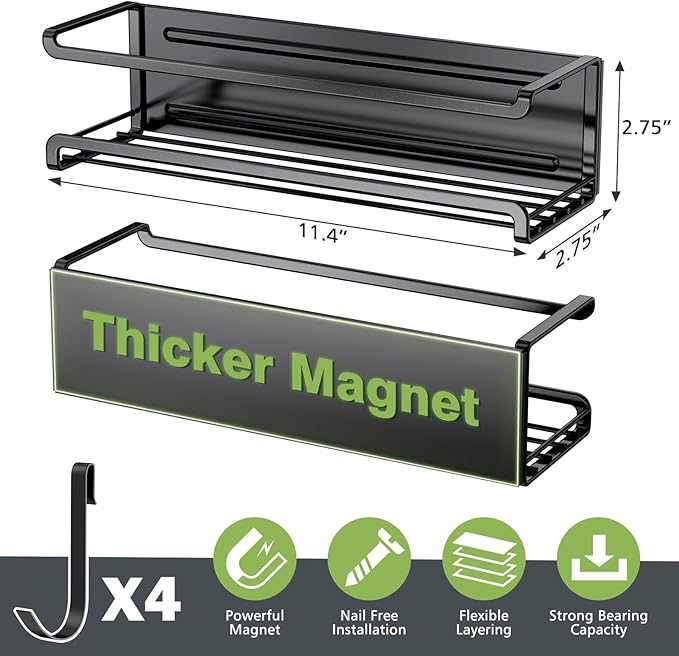 Magnetic Spice Rack 4 Pack,Strong Magnetic Shelf for Refrigerator with 4 Removable Hooks,Magnetic Refrigerator Organizer, Spice and Seasoning Organizer Gadgets