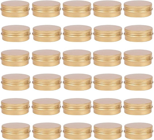 BENECREAT 30 Pack 1 OZ Round Tin Cans Screw Top Aluminum Cans with Lids for Lip Balm, Scrubs, Spices, Candies, Tea and Other Gift Giving (Gold)