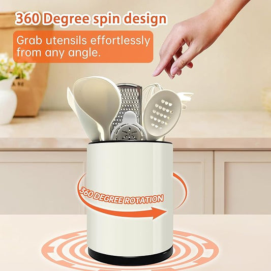 Stainless 360° Rotating Kitchen Utensil Holder,Large Counter Utensil Caddy, Cooking Spoon Stand Spatula Cutlery Metal Utensil Canister Tool Silverware Holder Rack For Countertop (Off-white)