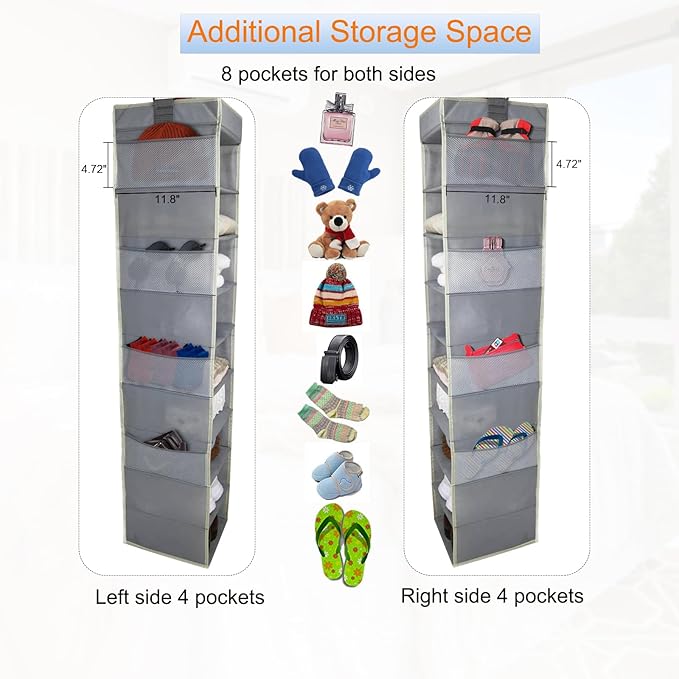 2 Pack Large-Sized Hanging Shoe Organizer 10-Shelf, Sturdy Hanging Closet Organizer with 8 Side Pockets, Wider Hanging Shelves for Storage Shoes Clothes Jeans Shirts Toys, Grey.