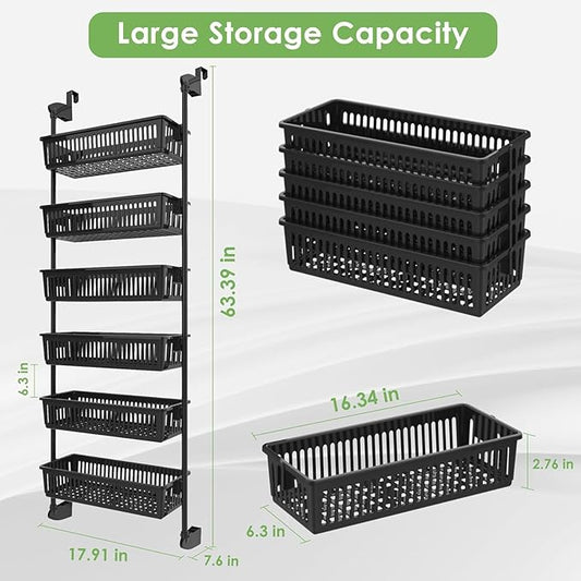 Pantry Door Organizer, 6-Tier Adjustable Over the Door Pantry Organizer Rack, Heavy Duty Metal Over the Door Spice Rack, Kitchen Pantry Organizers and Storage (7.6" D x 17.91" W x 63.39" H)