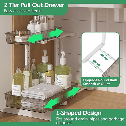 ADRIMER Under Sink Organizer 2 Packs, Pull Out Kitchen Sink Organizer, 2 Tier Slide Out Kitchen Organizers and Storage Bathroom Under Cabinet Storage Shelf, Grey
