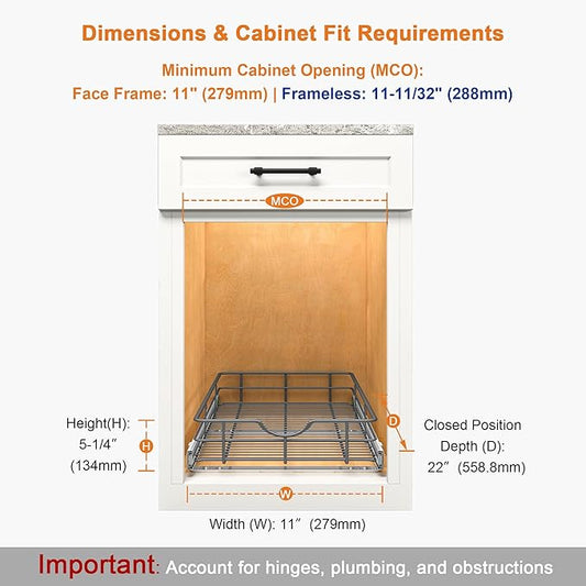ALINE FURNITURE Pull Out Cabinet Organizer - 11" W x 22" D Soft Close Pullout Shelves for Kitchen Cabinets - Slide Out Drawers, Heavy Duty Steel Wire