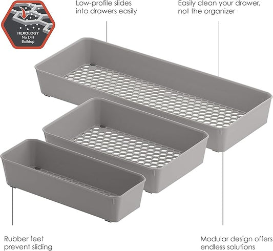 Spectrum Diversified Hexa Drawer Organizer Tray Modern Kitchen Cutlery, Utensil, Silverware Holder, Cabinet Storage, Set of 3, Stone Gray