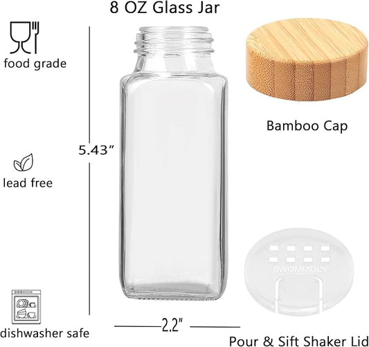 SWOMMOLY 24 Pcs Glass Jars with Labels, 8 oz Spice Bottles with Bamboo Lids, Empty Shaker Containers with 366 White Labels, Chalk Marker, Funnel Set