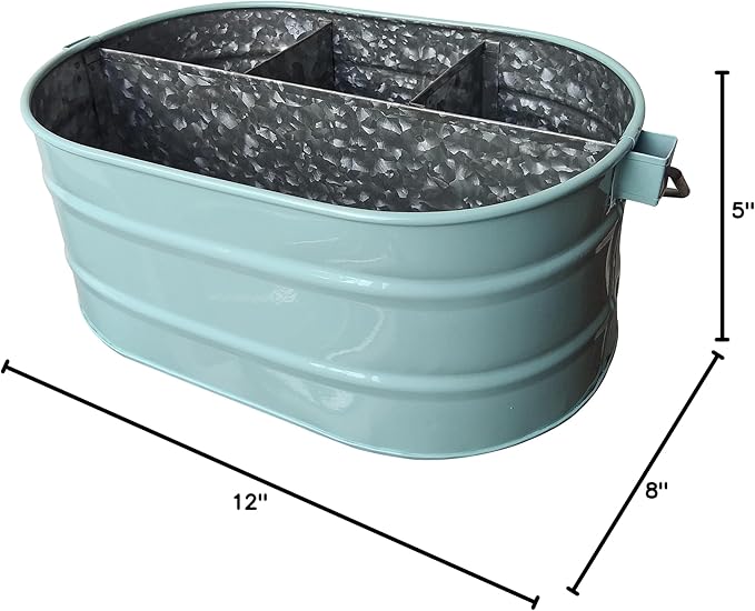 Galvanized Metal Caddy with 4 Compartments, Rustic Farmhouse Kitchen Indoor Outdoor Picnic Utensil Holder, Multipurpose Storage Bin, Metal Garden Planters - 12 Inch - Aqua