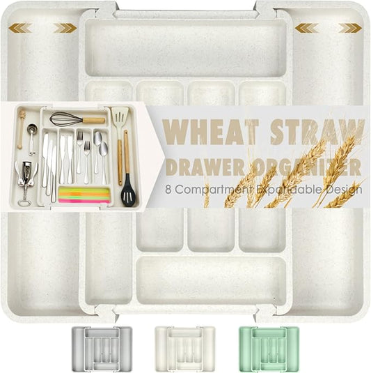 FANCILLA Silverware Organizer for Kitchen Drawers, Wheat Straw Large Expandable Utensil Drawer Organizer, BPA Free Adjustable Cutlery Holder, Dishwasher Safe Flatware Tray, 6-8 Slots (White)